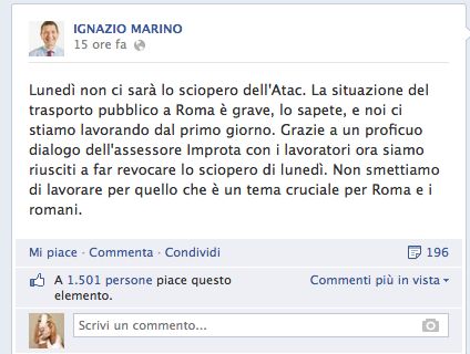 Marino su Facebook: “Lunedì non ci sarà lo sciopero Atac”